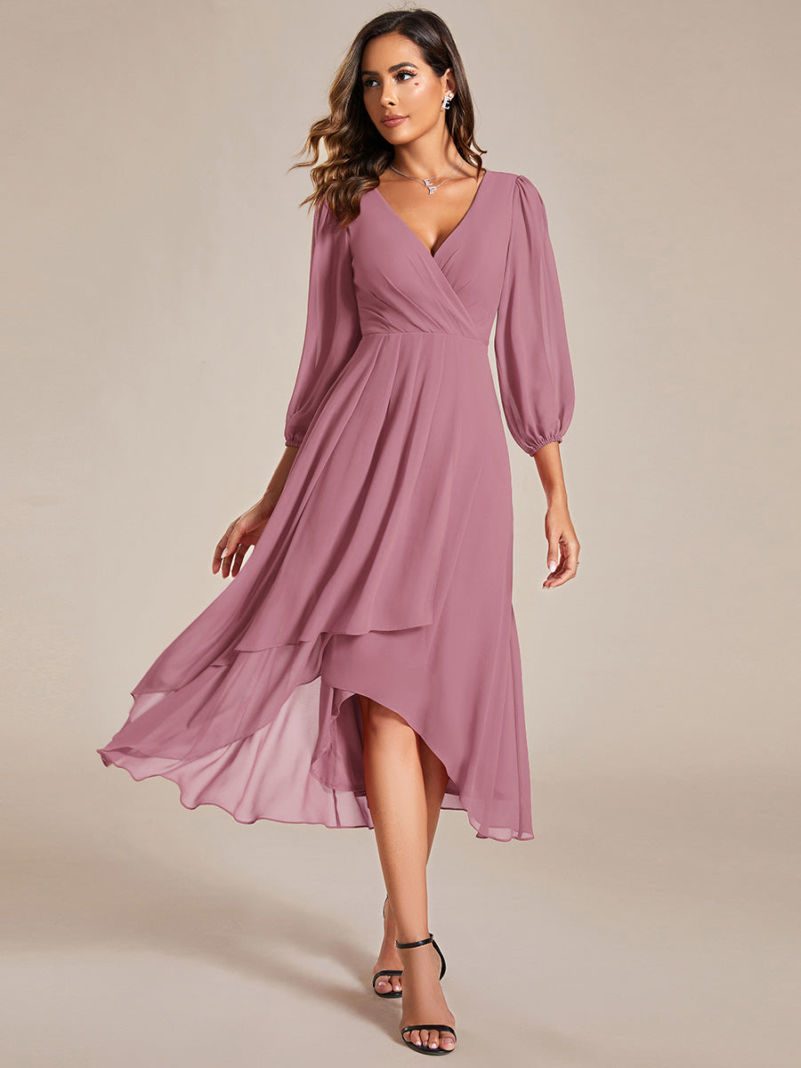 Color=Purple Orchid | Bulk Order Long Sleeve Asymmetrical Hem Deep V-Neck Non-Stretch Wedding Guest Dresses-Purple Orchid 61