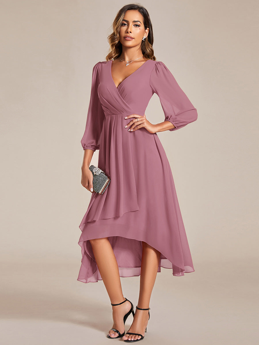 Color=Purple Orchid | Bulk Order Long Sleeve Asymmetrical Hem Deep V-Neck Non-Stretch Wedding Guest Dresses-Purple Orchid 64