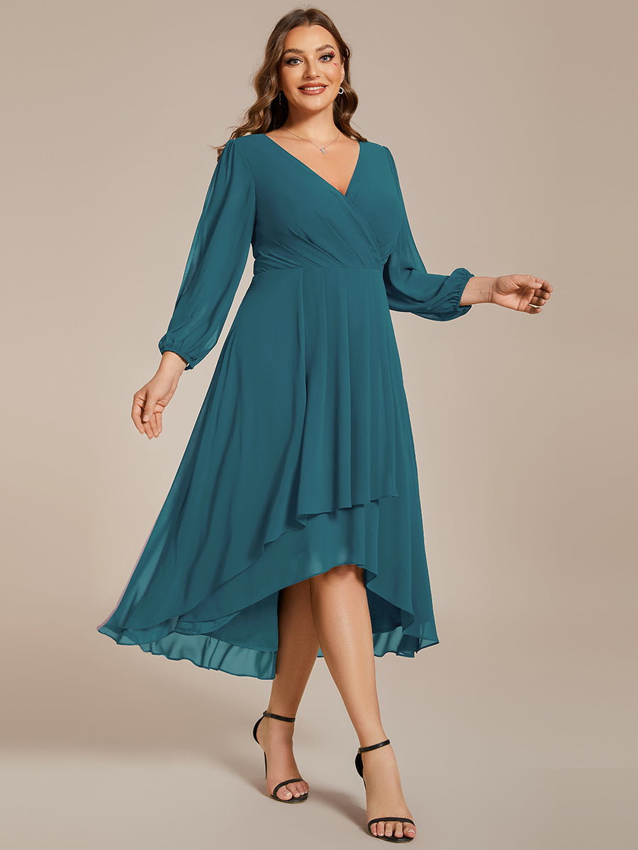 Color=Teal | Bulk Order Long Sleeve Asymmetrical Hem Deep V-Neck Non-Stretch Wedding Guest Dresses-Teal 79