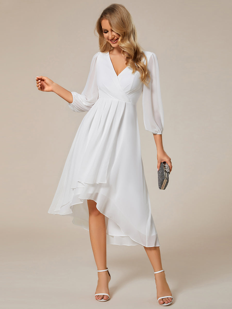 Color=White | Bulk Order Long Sleeve Asymmetrical Hem Deep V-Neck Non-Stretch Wedding Guest Dresses-White 1