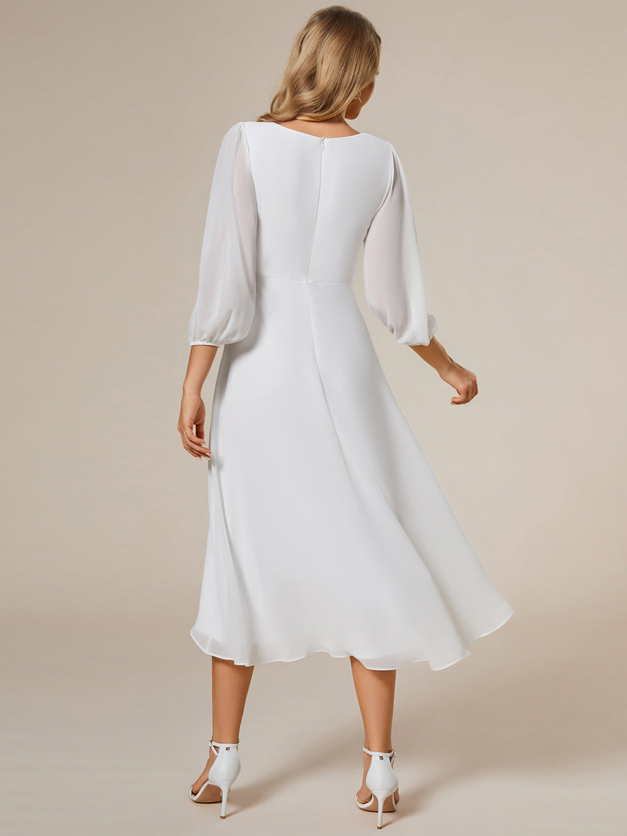 Color=White | Bulk Order Long Sleeve Asymmetrical Hem Deep V-Neck Non-Stretch Wedding Guest Dresses-White 3