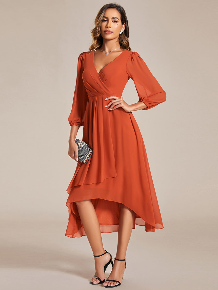 Color=Burnt Orange | Bulk Order Long Sleeve Asymmetrical Hem Deep V-Neck Non-Stretch Wedding Guest Dresses - Burnt Orange 4