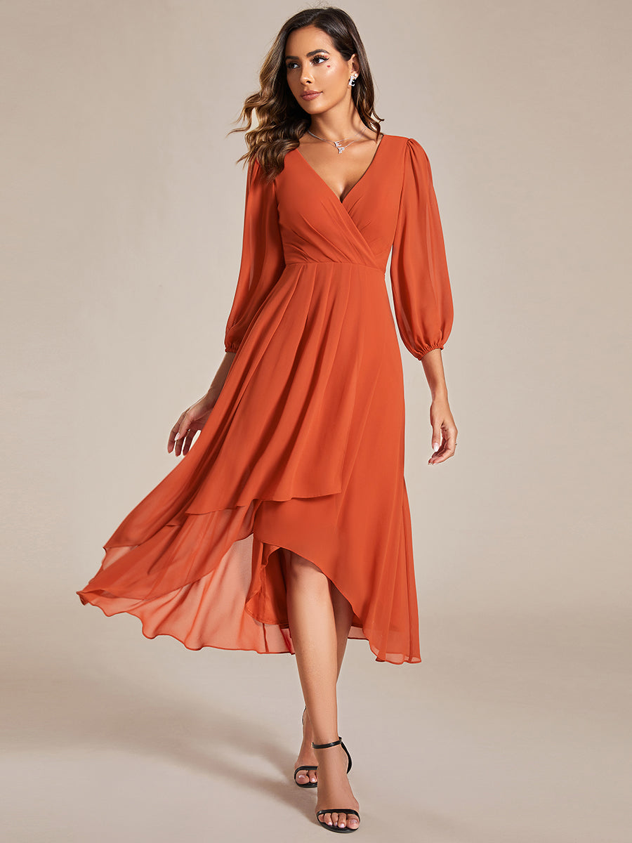 Color=Burnt Orange | Bulk Order Long Sleeve Asymmetrical Hem Deep V-Neck Non-Stretch Wedding Guest Dresses - Burnt Orange 1