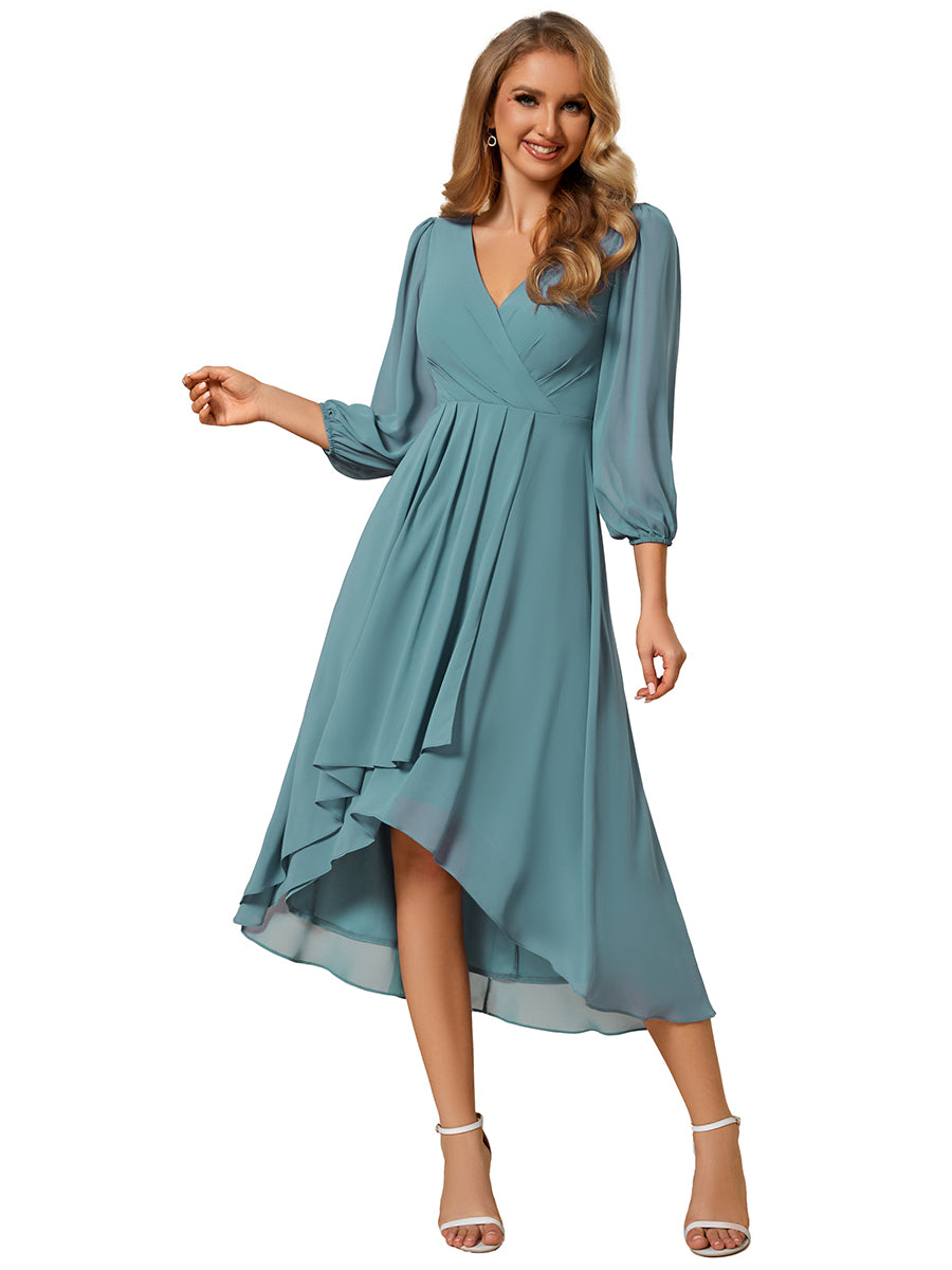 Color=Light Teal | Bulk Order Long Sleeve Asymmetrical Hem Deep V-Neck Non-Stretch Wedding Guest Dresses - Light Teal 2