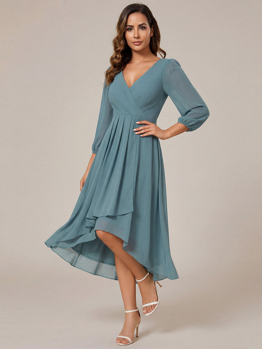 Color=Light Teal | Bulk Order Long Sleeve Asymmetrical Hem Deep V-Neck Non-Stretch Wedding Guest Dresses - Light Teal 9