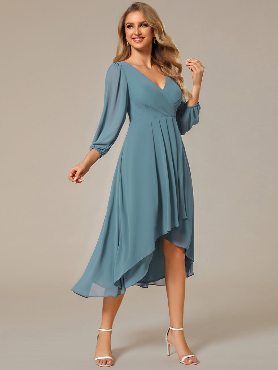 Color=Light Teal | Bulk Order Long Sleeve Asymmetrical Hem Deep V-Neck Non-Stretch Wedding Guest Dresses - Light Teal 4