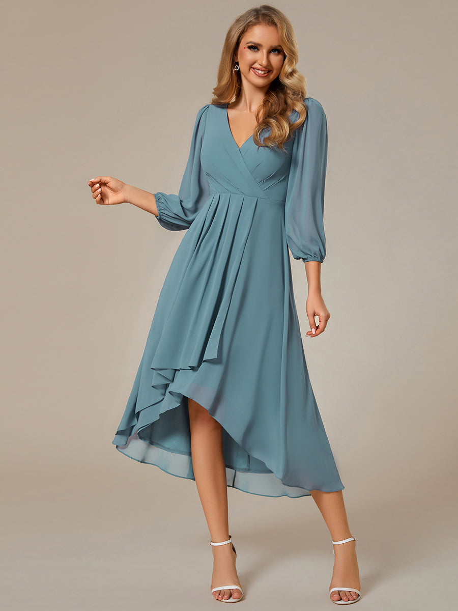 Color=Light Teal | Bulk Order Long Sleeve Asymmetrical Hem Deep V-Neck Non-Stretch Wedding Guest Dresses - Light Teal 1