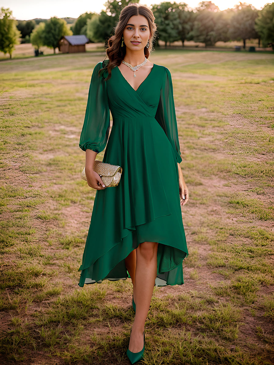 Color=Gark Green | Women's Knee-Length Wholesale Homecoming Cocktail Dresses With Short Sleeves-Gark Green 1