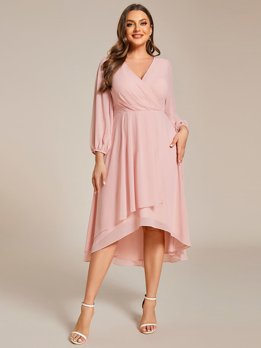 Color=Pink | Plus Women's Knee-Length Wholesale Homecoming Cocktail Dresses With Short Sleeves-Pink 1