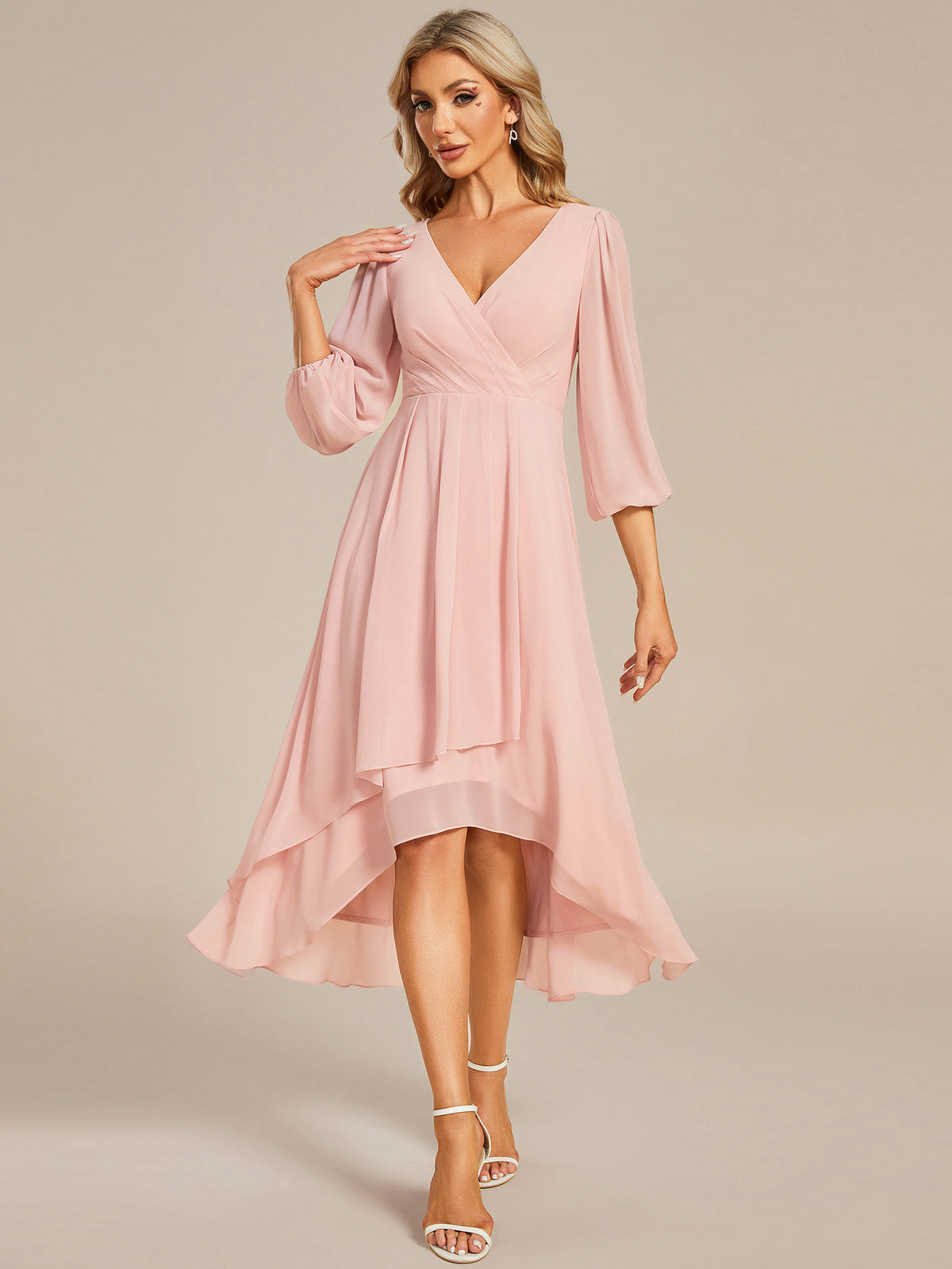 Color=Pink | Bulk Order Long Sleeve Asymmetrical Hem Deep V-Neck Non-Stretch Wedding Guest Dresses - Pink 1