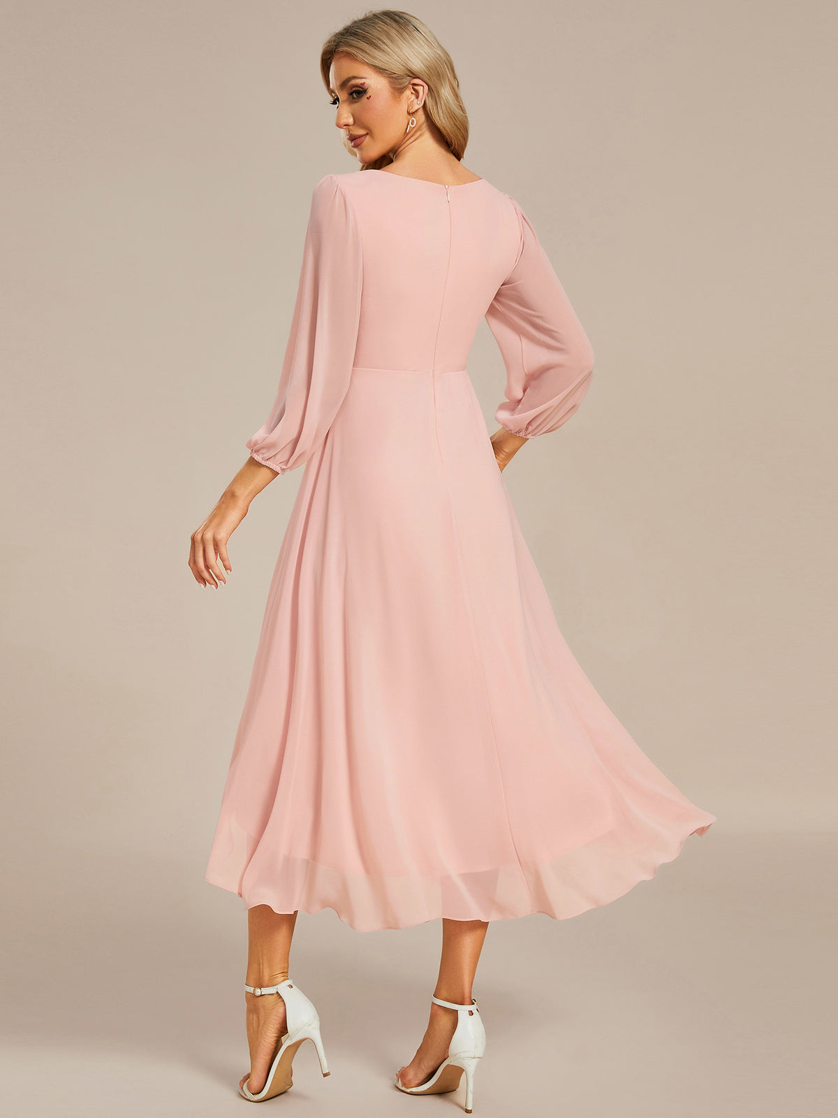 Color=Pink | Bulk Order Long Sleeve Asymmetrical Hem Deep V-Neck Non-Stretch Wedding Guest Dresses - Pink 2