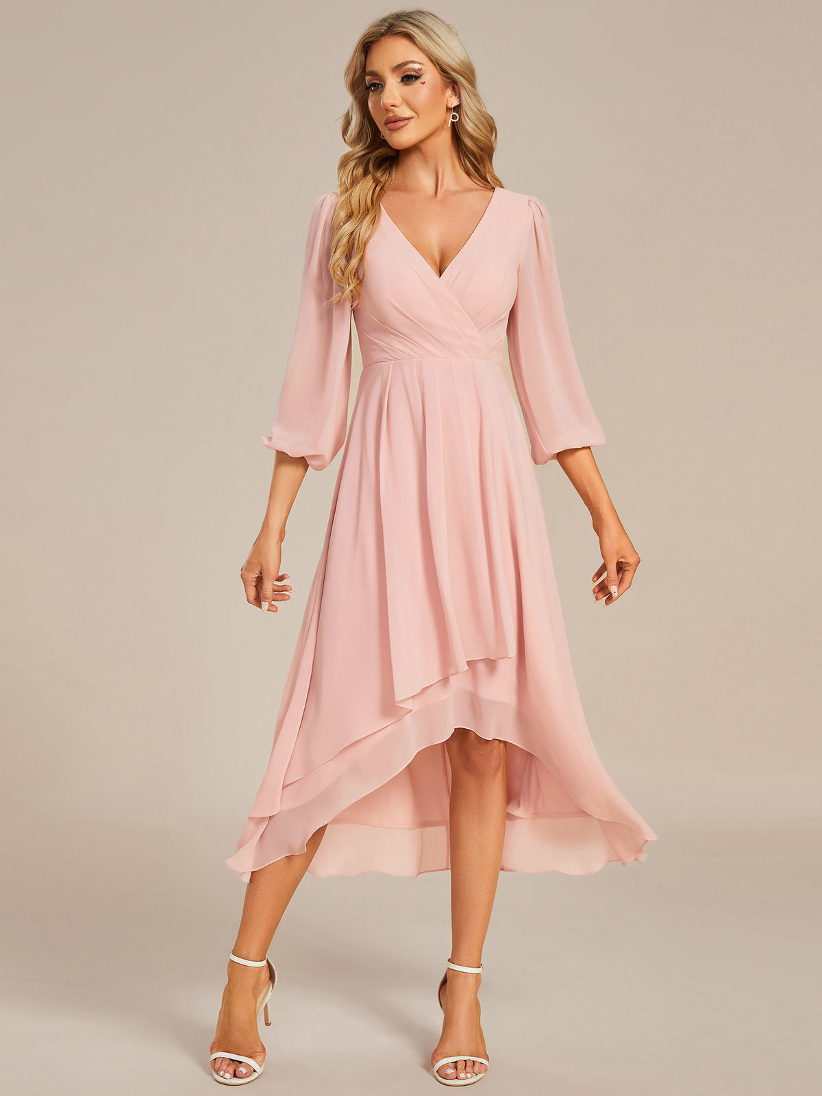 Color=Pink | Bulk Order Long Sleeve Asymmetrical Hem Deep V-Neck Non-Stretch Wedding Guest Dresses - Pink 3
