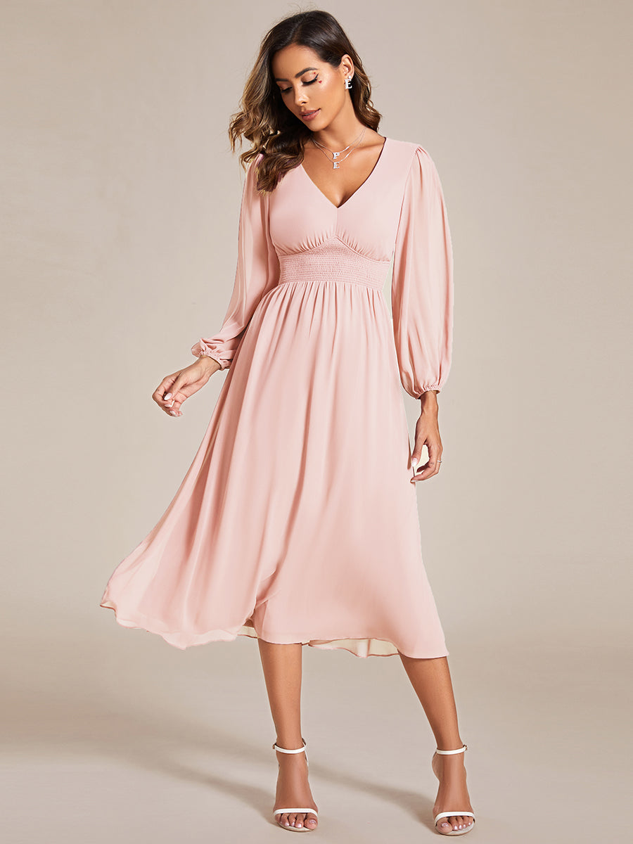 Knee Length Long Sleeves Chiffon Wholesale Wedding Guest Dresses#Color_Pink