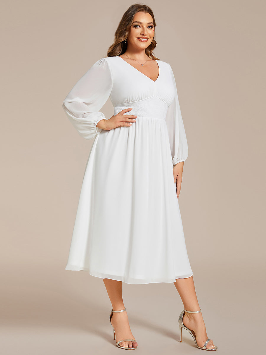 Color=White | Plus Size Knee Length Chiffon Wholesale Wedding Guest Dresses With Long Sleeves-White 22