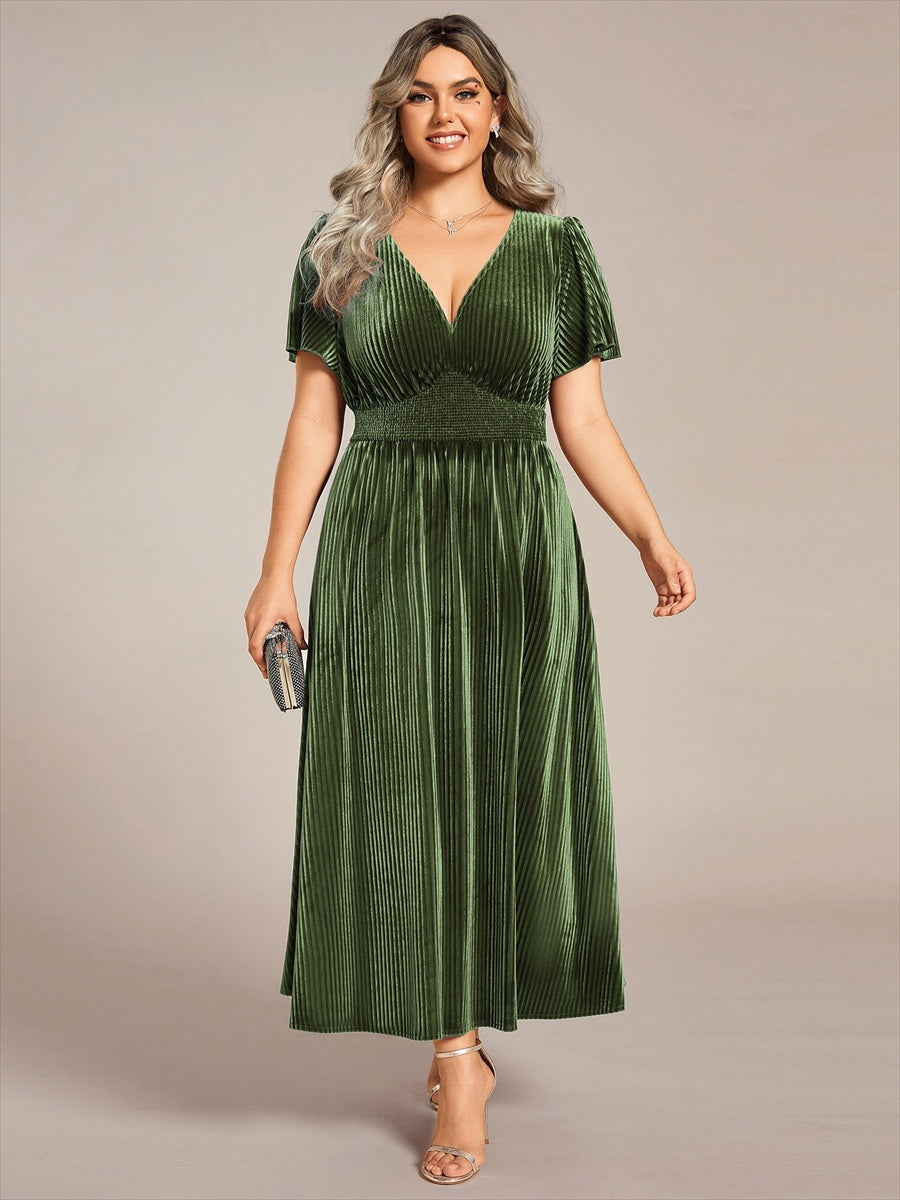 Color=Olive Green | Plus-Size-V-Neck Tea Length Velvet Wedding Guest Dresses-Olive Green 4