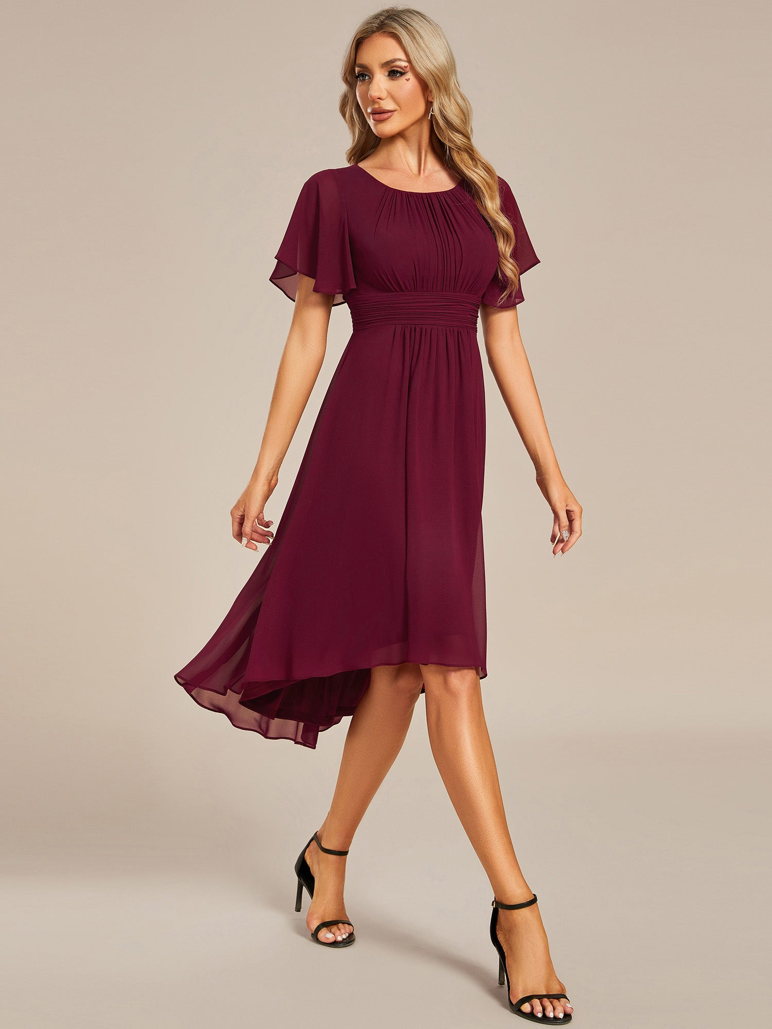Color=Burgundy | Graceful Lotus Leaf Pleated A-Line Knee Length Round Neckline Short Sleeves Wholesale Wedding Guest Dress-Burgundy 3