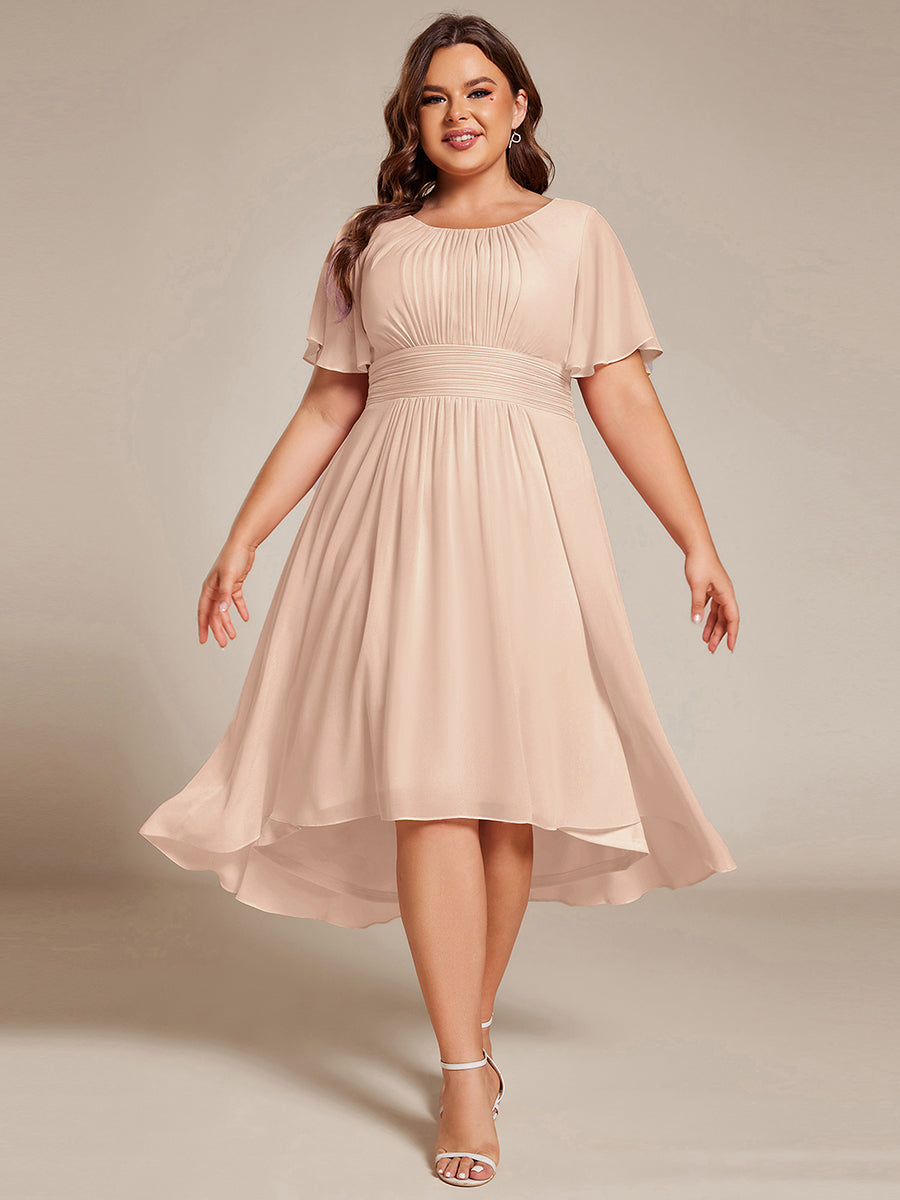 Color=Blush | Industrial Use Short Sleeve Ruffle Pleated Round Neck A-Line High-Low Wedding Guest Dresses-Blush 6