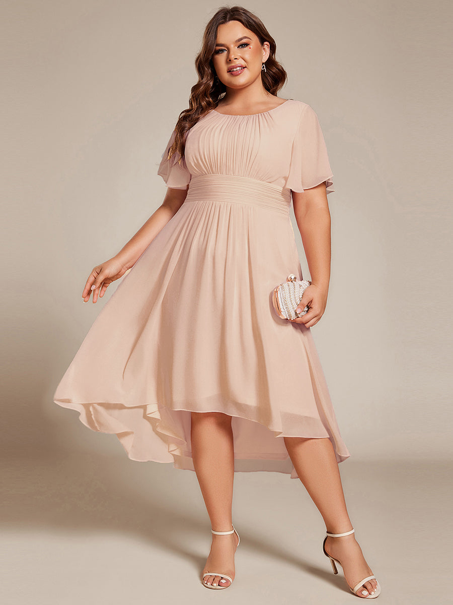 Color=Blush | Industrial Use Short Sleeve Ruffle Pleated Round Neck A-Line High-Low Wedding Guest Dresses-Blush 10