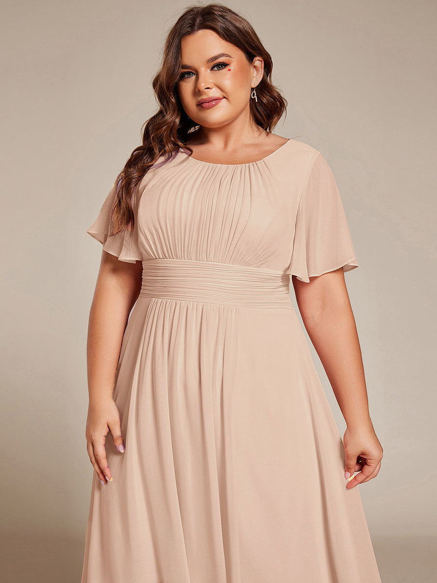 Color=Blush | Industrial Use Short Sleeve Ruffle Pleated Round Neck A-Line High-Low Wedding Guest Dresses-Blush 8