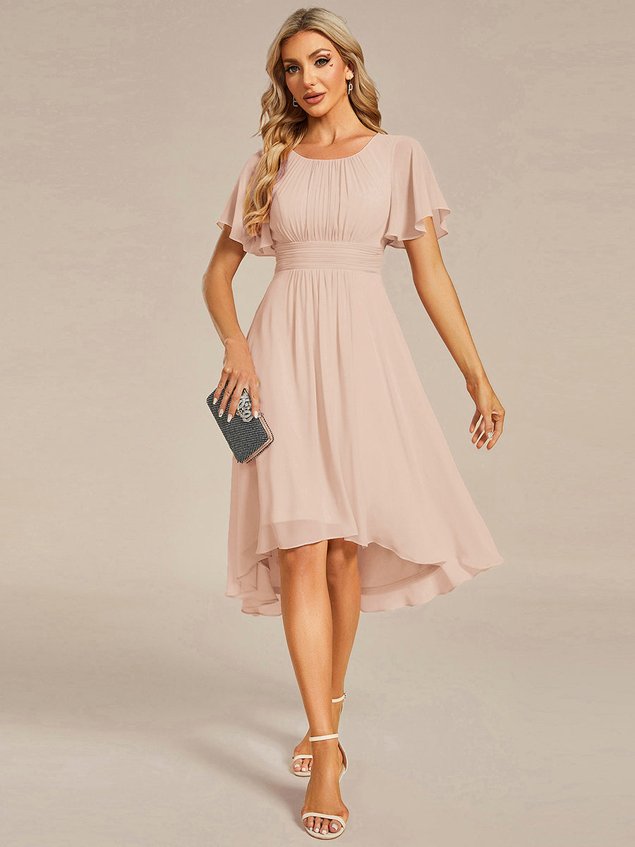 Color=Blush | Industrial Use Short Sleeve Ruffle Pleated Round Neck A-Line High-Low Wedding Guest Dresses-Blush 1