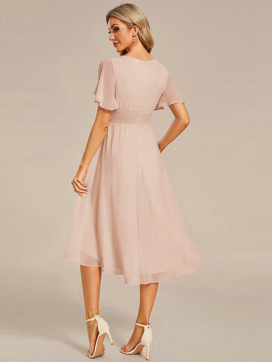 Color=Blush | Industrial Use Short Sleeve Ruffle Pleated Round Neck A-Line High-Low Wedding Guest Dresses-Blush 2