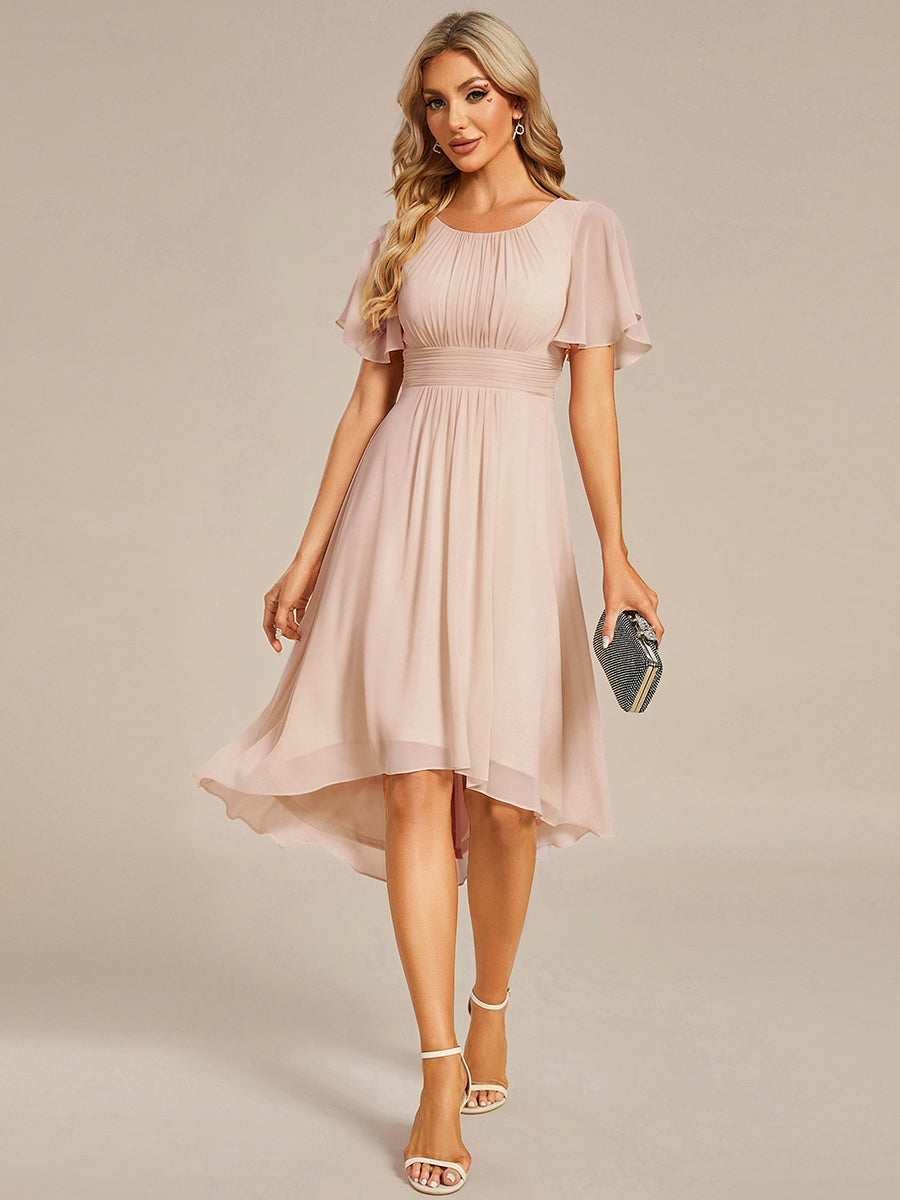 Color=Blush | Industrial Use Short Sleeve Ruffle Pleated Round Neck A-Line High-Low Wedding Guest Dresses-Blush 5