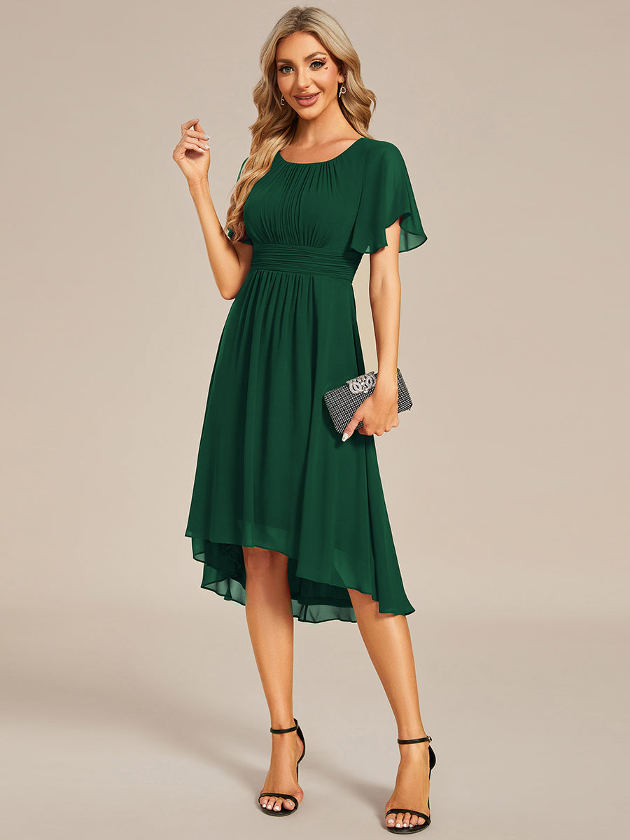 Color=Dark Green | Graceful Lotus Leaf Pleated A-Line Knee Length Round Neckline Short Sleeves Wholesale Wedding Guest Dress-Dark Green 18