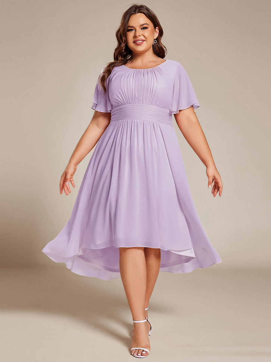 Color=Frosted Lilac | Industrial Use Short Sleeve Ruffle Pleated Round Neck A-Line High-Low Wedding Guest Dresses-Frosted Lilac 16