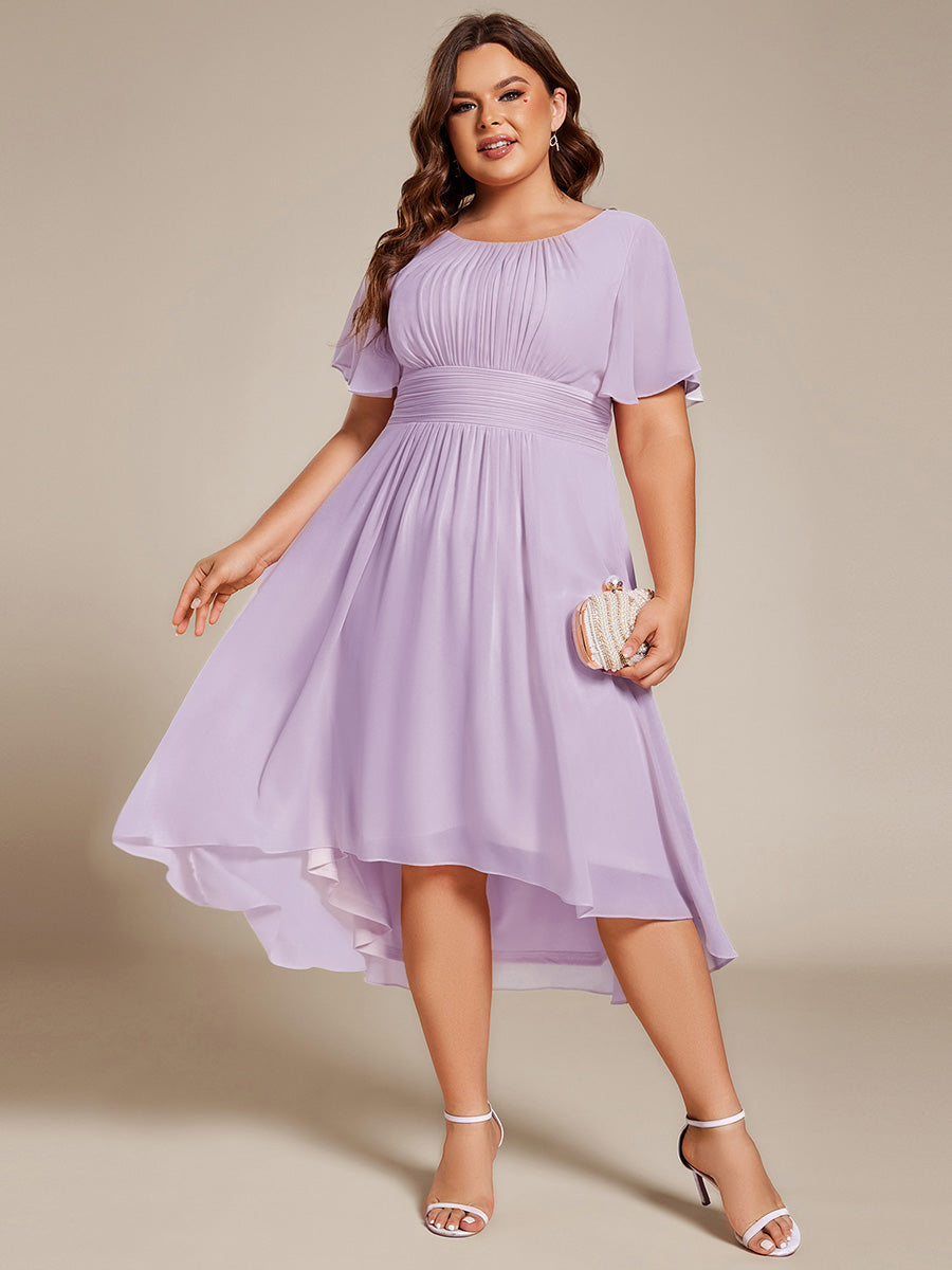 Color=Frosted Lilac | Industrial Use Short Sleeve Ruffle Pleated Round Neck A-Line High-Low Wedding Guest Dresses-Frosted Lilac 20