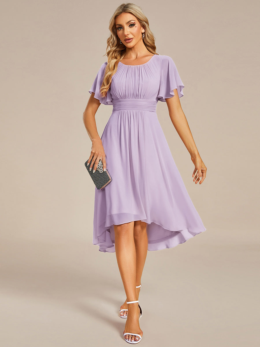 Color=Frosted Lilac | Industrial Use Short Sleeve Ruffle Pleated Round Neck A-Line High-Low Wedding Guest Dresses-Frosted Lilac 11