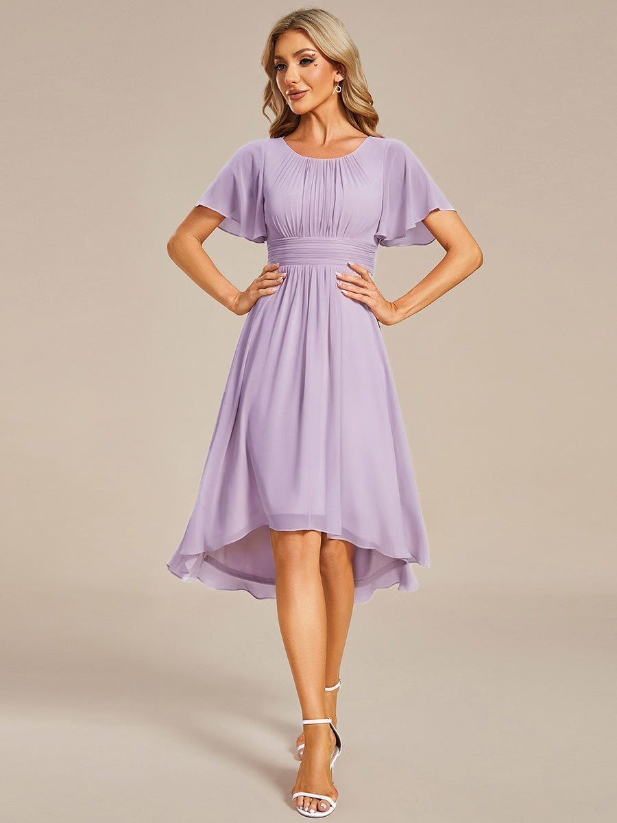Color=Frosted Lilac | Industrial Use Short Sleeve Ruffle Pleated Round Neck A-Line High-Low Wedding Guest Dresses-Frosted Lilac 14
