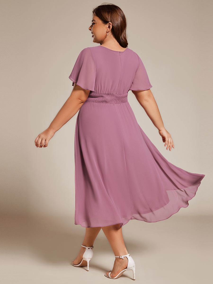 Color=Orchid | Plus Graceful Lotus Leaf Pleated A-Line Knee Length Round Neckline Short Sleeves Wholesale Wedding Guest Dress-Orchid 2