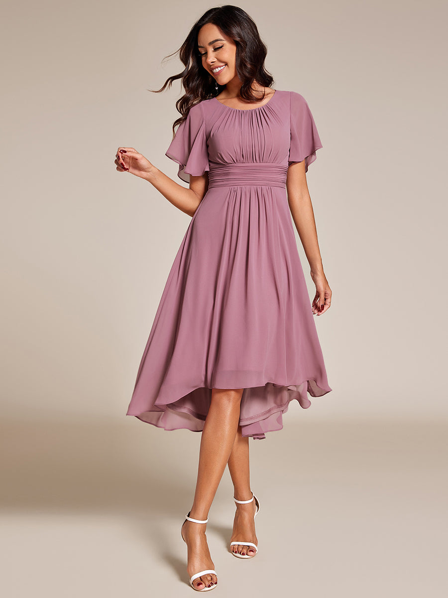 Color=Orchid | Graceful Lotus Leaf Pleated A-Line Knee Length Round Neckline Short Sleeves Wholesale Wedding Guest Dress-Orchid 3