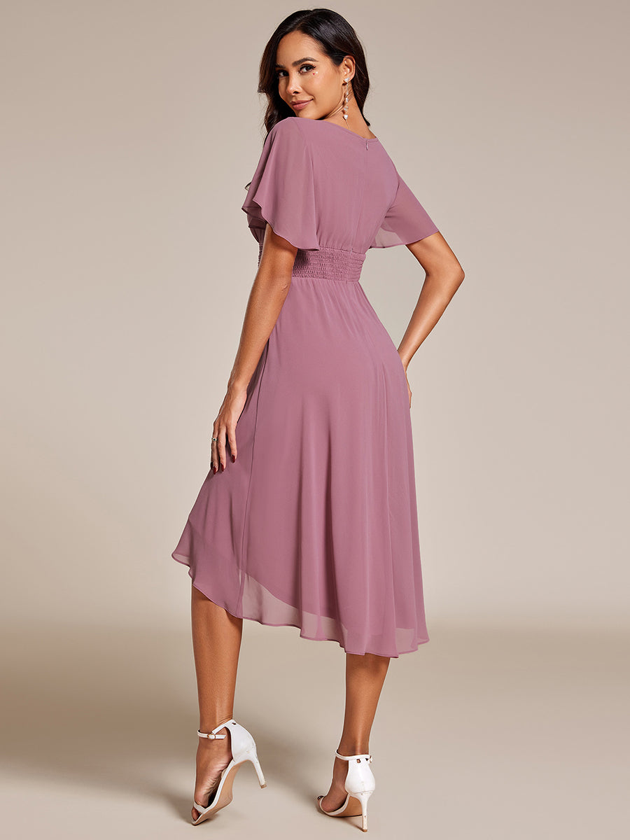 Color=Orchid | Graceful Lotus Leaf Pleated A-Line Knee Length Round Neckline Short Sleeves Wholesale Wedding Guest Dress-Orchid 2