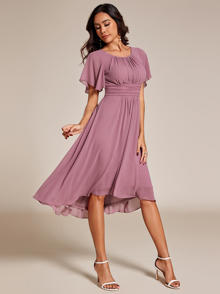 Color=Orchid | Graceful Lotus Leaf Pleated A-Line Knee Length Round Neckline Short Sleeves Wholesale Wedding Guest Dress-Orchid 1