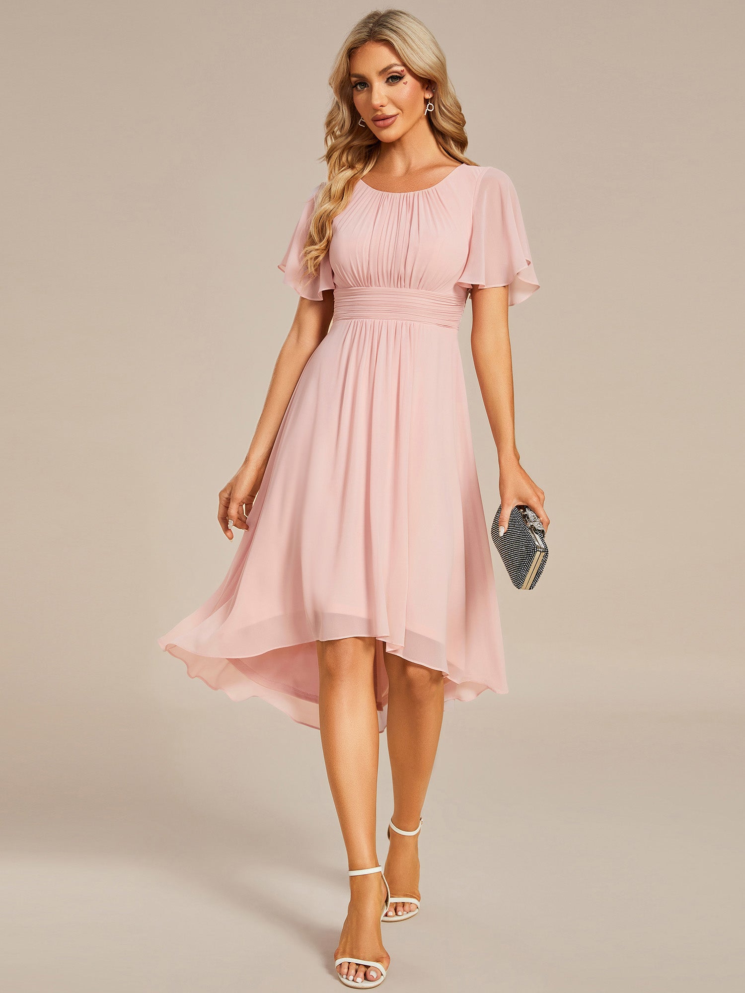 Color=Pink | Graceful Lotus Leaf Pleated A-Line Knee Length Round Neckline Short Sleeves Wholesale Wedding Guest Dress-Pink