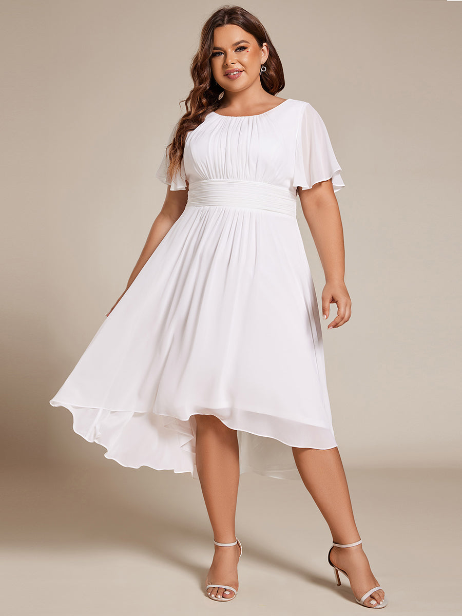 Color=White | Plus Graceful Lotus Leaf Pleated A-Line Knee Length Round Neckline Short Sleeves Wholesale Wedding Guest Dress-White 4