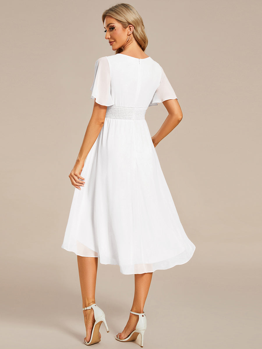 Color=White | Graceful Lotus Leaf Pleated A-Line Knee Length Round Neckline Short Sleeves Wholesale Wedding Guest Dress-White 2