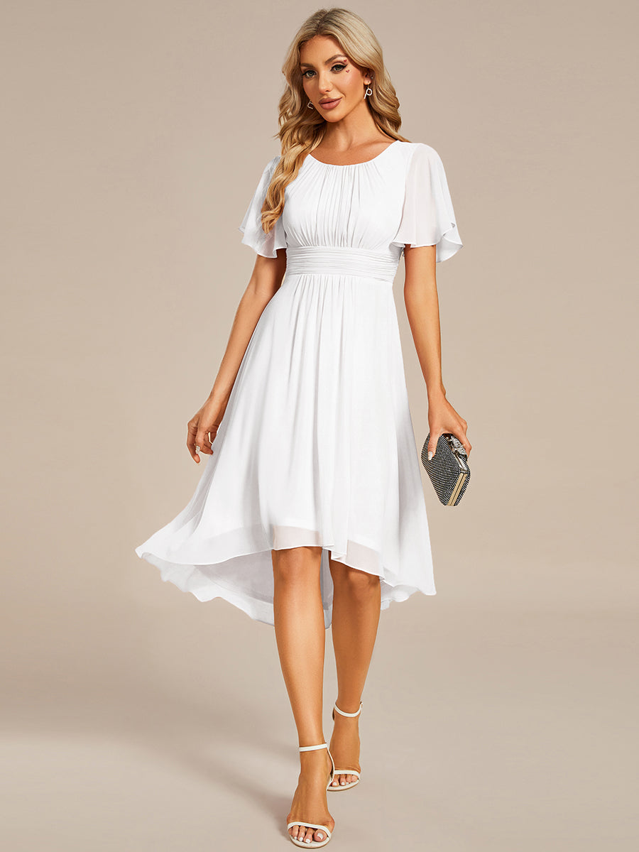Color=White | Graceful Lotus Leaf Pleated A-Line Knee Length Round Neckline Short Sleeves Wholesale Wedding Guest Dress-White 3