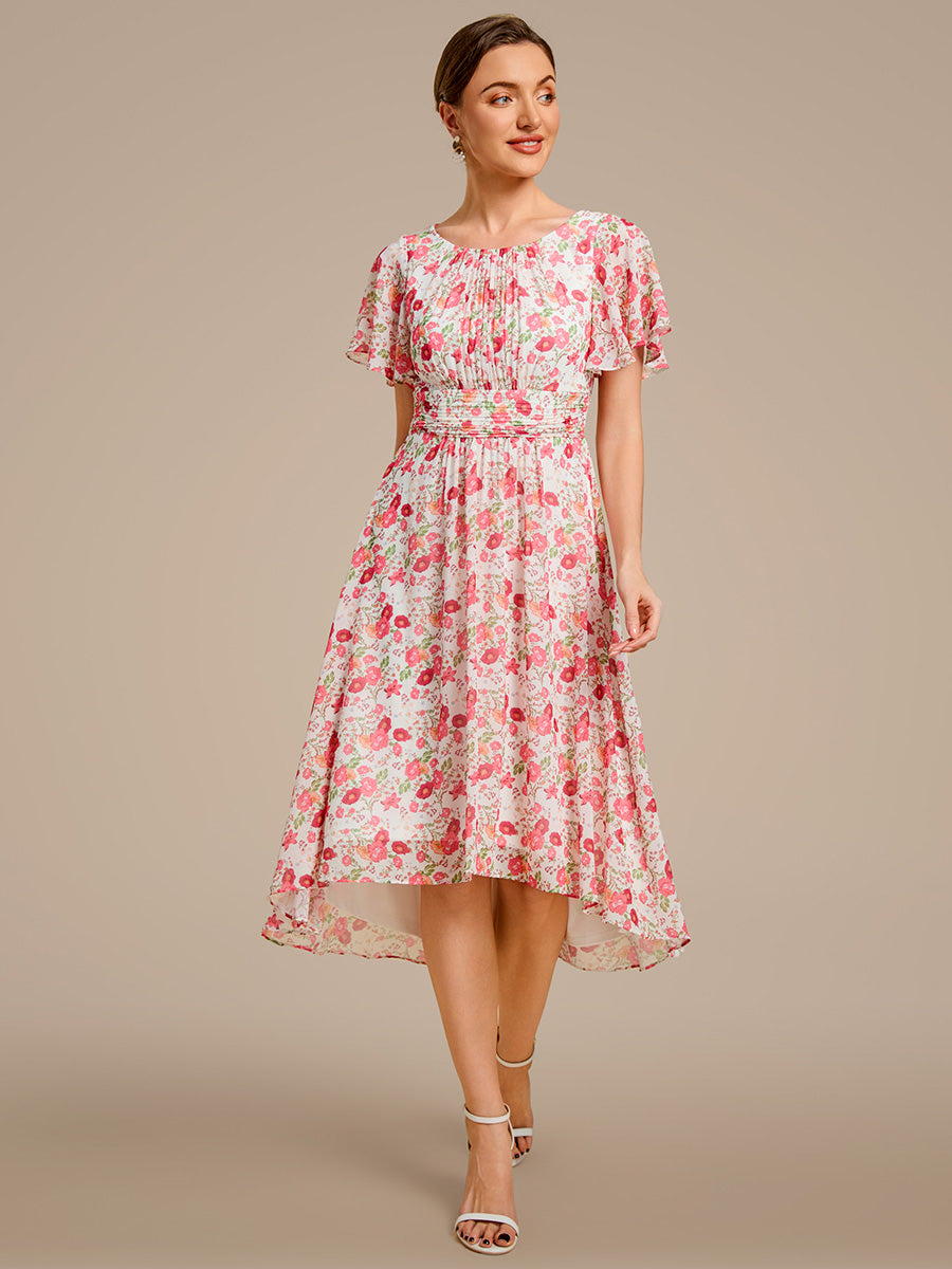 Color=white red | Graceful Lotus Leaf Pleated A-Line Knee Length Round Neckline Short Sleeves Wholesale Wedding Guest Dress-white red 86