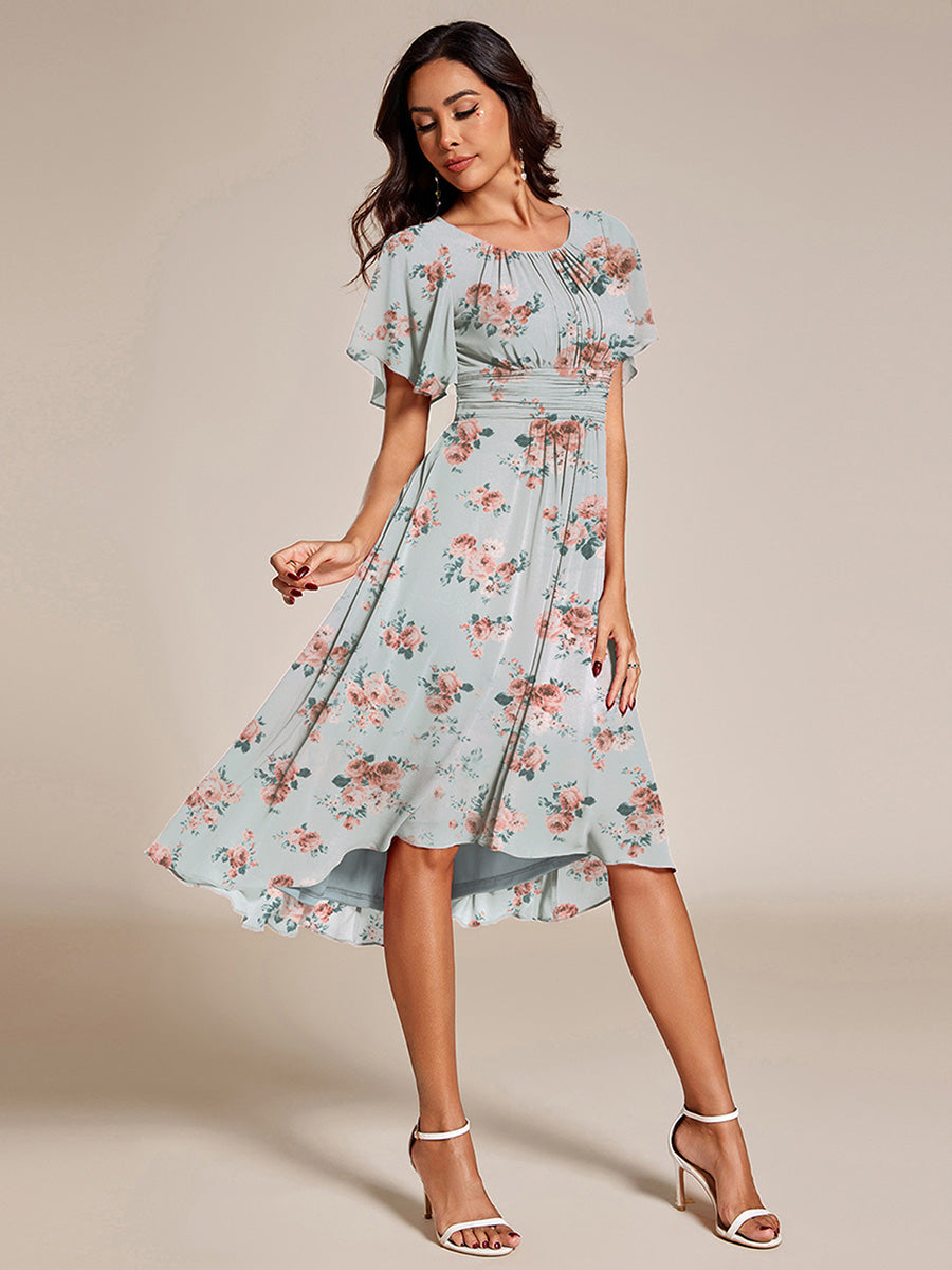 High-Low A-Line Wedding Guest Dress with Ruffle Sleeves and Pleated Design