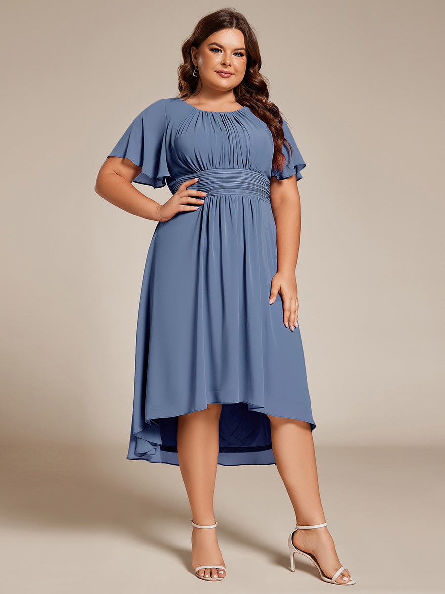 Color=Dusty Blue | B2B-Exclusive Short Sleeve Ruffle A-Line High-Low Round Neck Wedding Guest Dresses-Dusty Blue 6