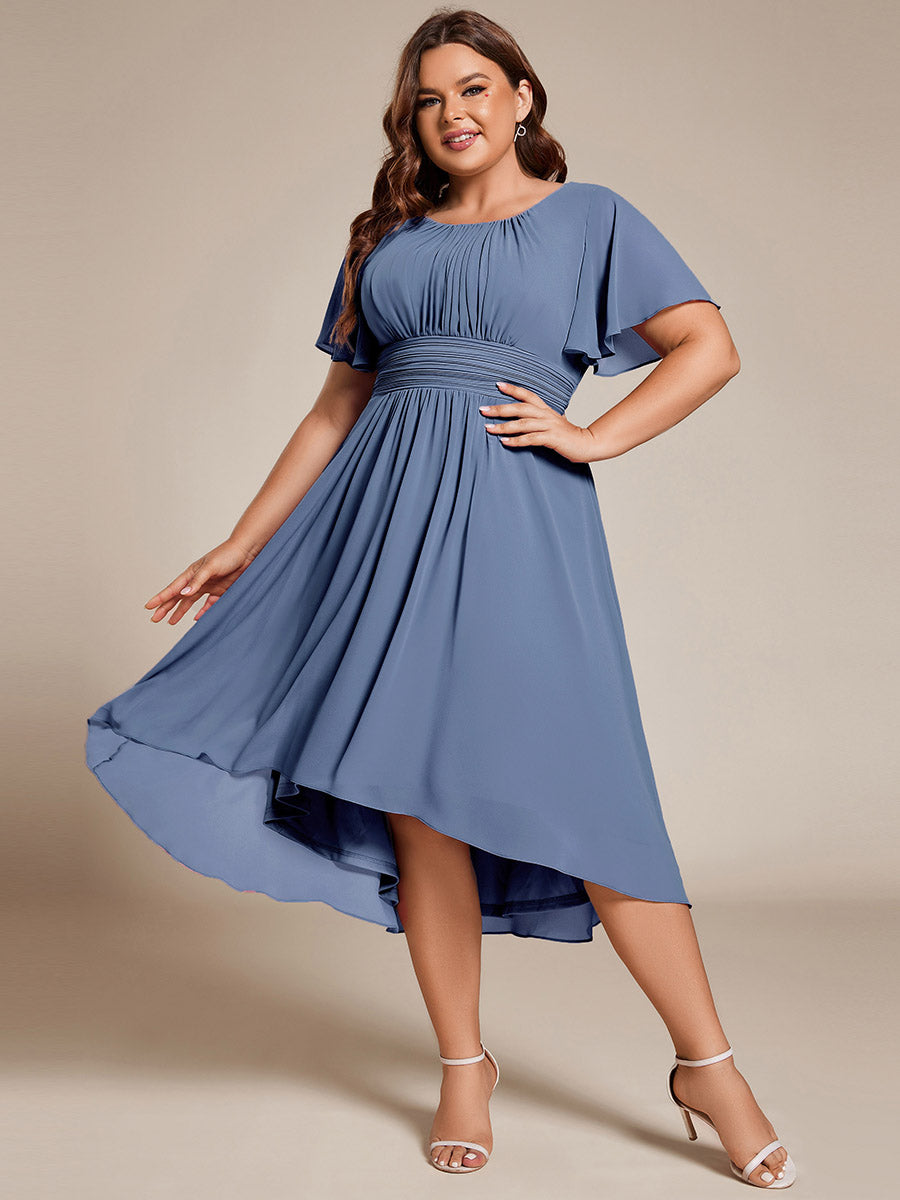 Color=Dusty Blue | B2B-Exclusive Short Sleeve Ruffle A-Line High-Low Round Neck Wedding Guest Dresses-Dusty Blue 9