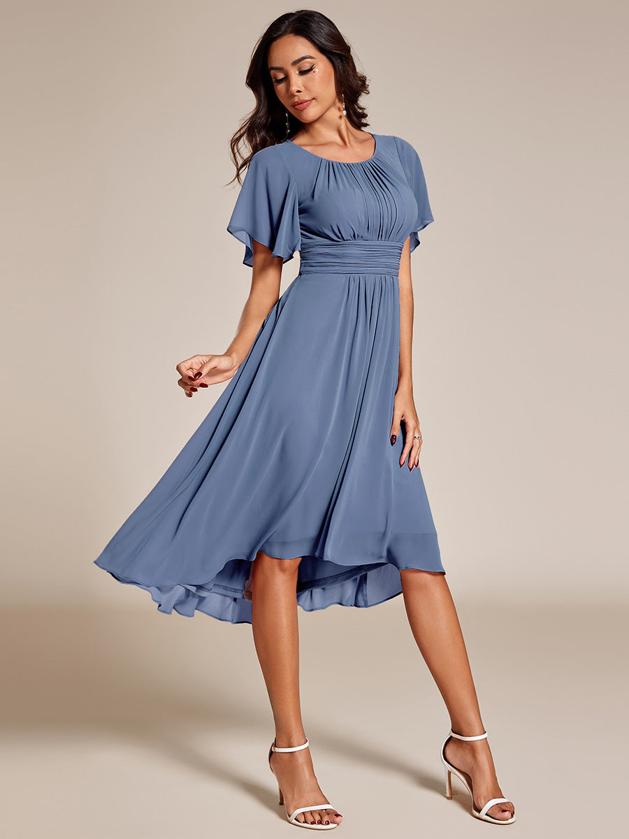 Color=Dusty Blue | B2B-Exclusive Short Sleeve Ruffle A-Line High-Low Round Neck Wedding Guest Dresses-Dusty Blue 4