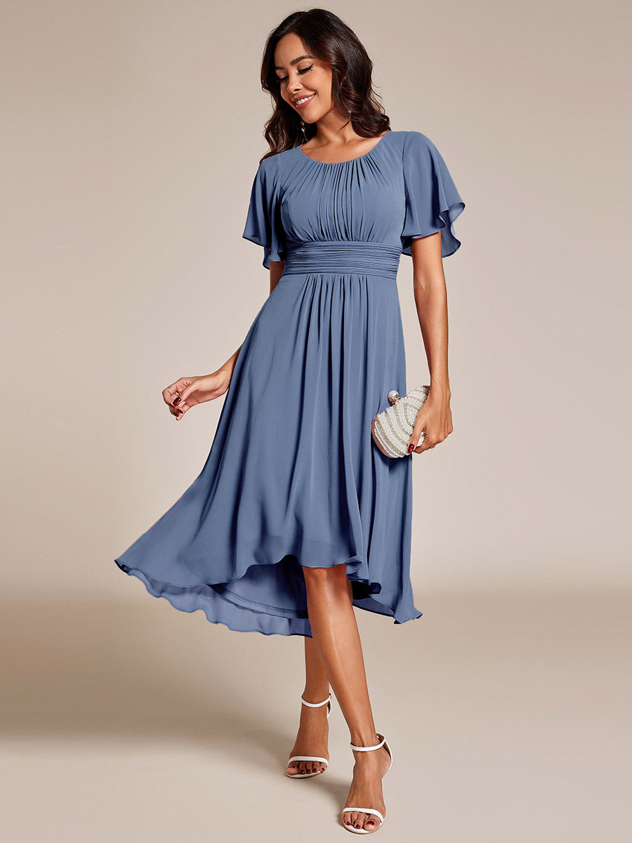 Color=Dusty Blue | B2B-Exclusive Short Sleeve Ruffle A-Line High-Low Round Neck Wedding Guest Dresses-Dusty Blue 5