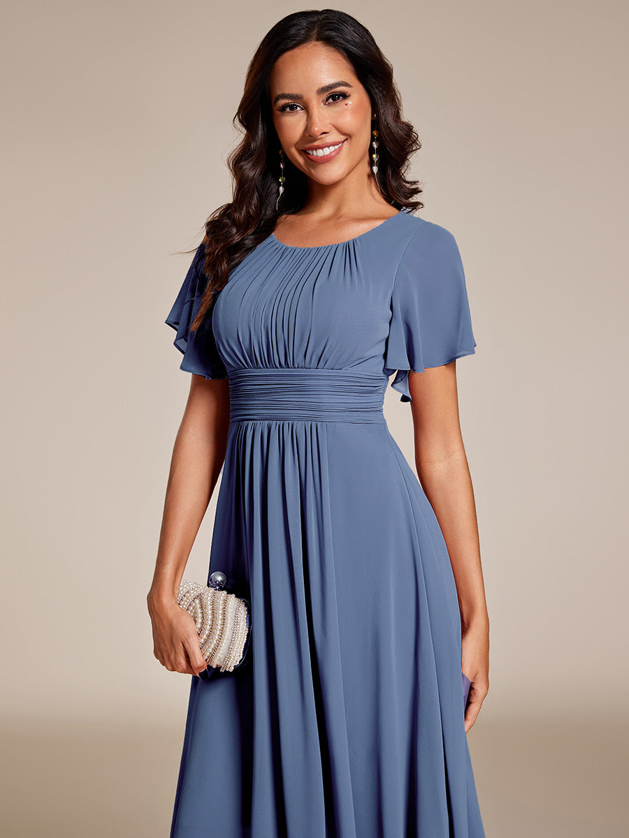 Color=Dusty Blue | B2B-Exclusive Short Sleeve Ruffle A-Line High-Low Round Neck Wedding Guest Dresses-Dusty Blue 3