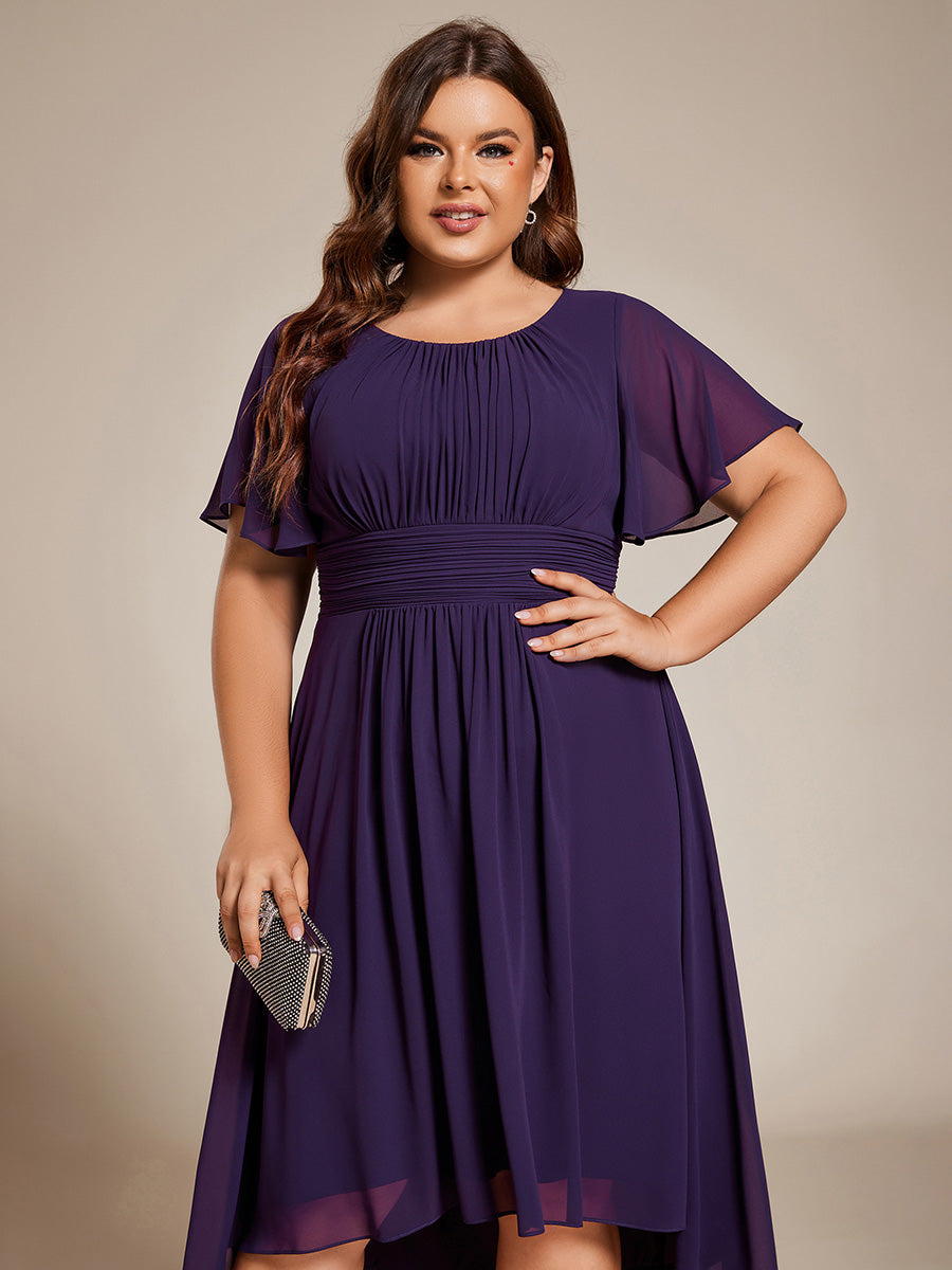 Color=Dark Purple | B2B-Exclusive Short Sleeve Ruffle A-Line High-Low Round Neck Wedding Guest Dresses-Dark Purple 18