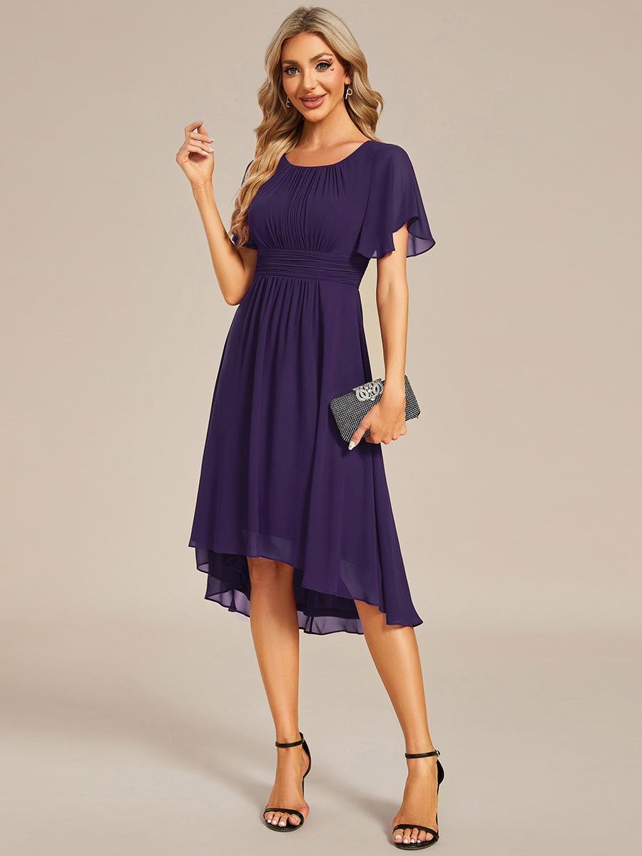 Color=Dark Purple | B2B-Exclusive Short Sleeve Ruffle A-Line High-Low Round Neck Wedding Guest Dresses-Dark Purple 15