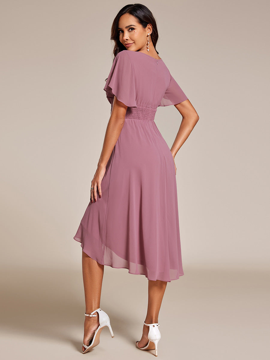 Color=Purple Orchid | B2B-Exclusive Short Sleeve Ruffle A-Line High-Low Round Neck Wedding Guest Dresses-Purple Orchid 42