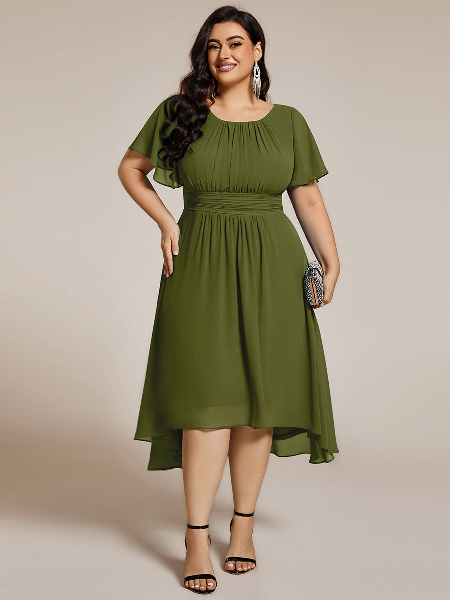 Color=Olive Green | B2B-Exclusive Short Sleeve Ruffle A-Line High-Low Round Neck Wedding Guest Dresses-Olive Green 59